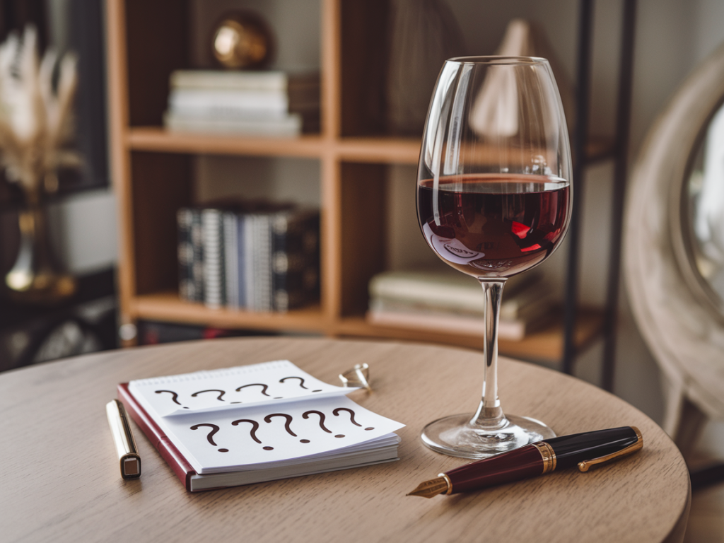 Bloco de notas com caneta e taça de vinho ao lado, representando perguntas sobre vinhos