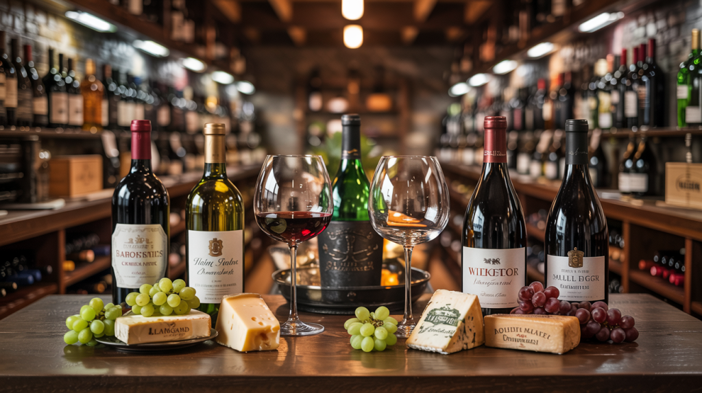 Taças de melhores vinhos tintos e brancos sobre mesa elegante, cercadas por garrafas premiadas em uma cave refinada