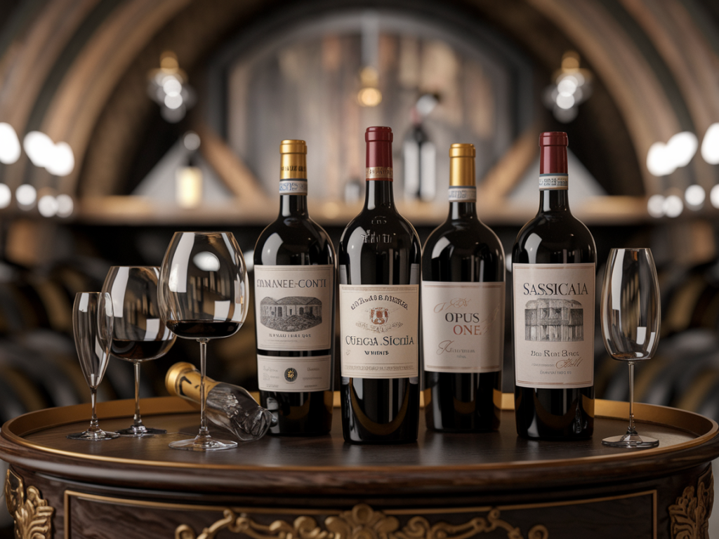 Seleção de garrafas de vinhos icônicos como Romanée-Conti, Vega Sicilia e Sassicaia sobre fundo sofisticado