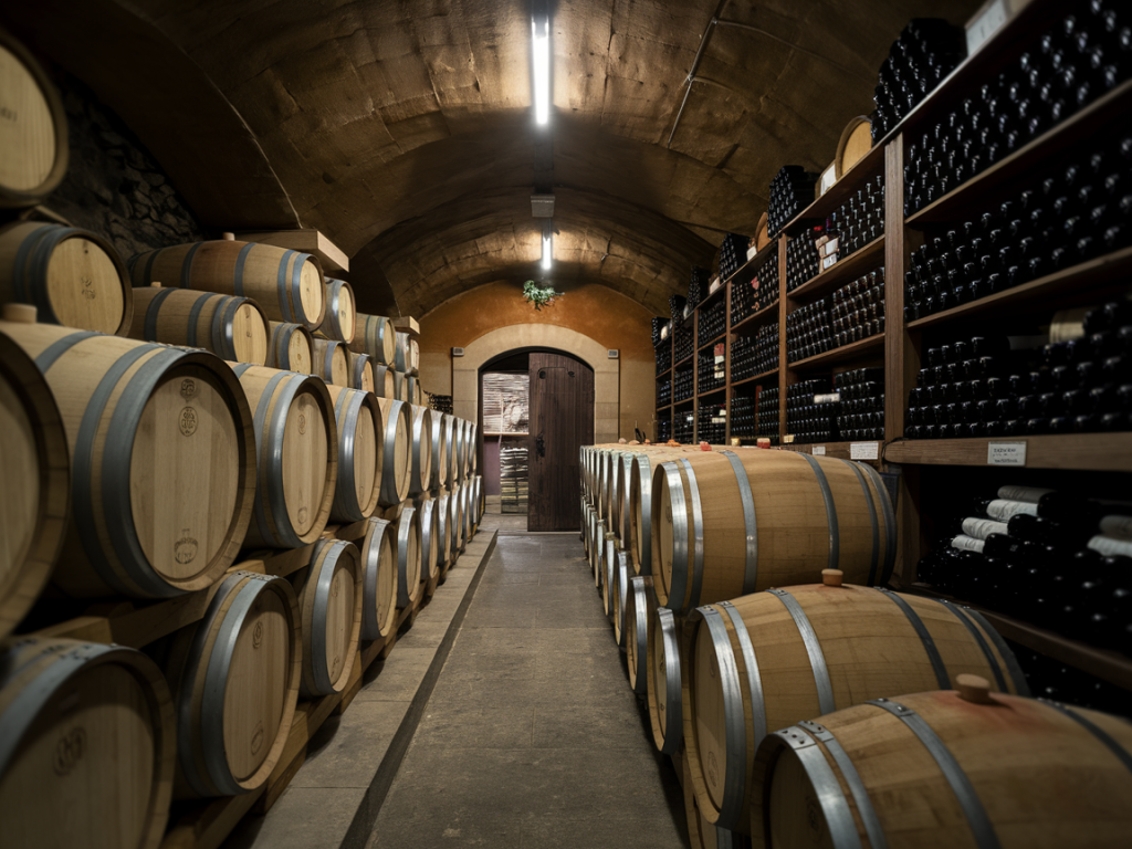 Barris de carvalho e garrafas de vinho envelhecendo em adega climatizada
