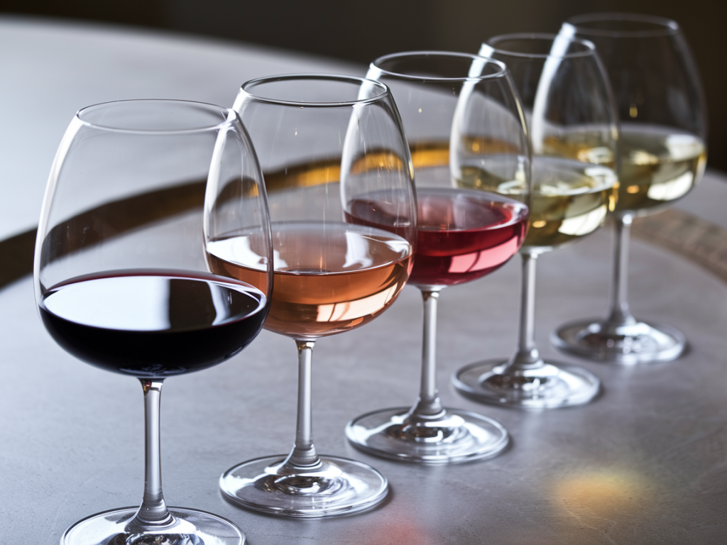 Vinhos tinto, branco e rosé alinhados em taças sobre fundo neutro