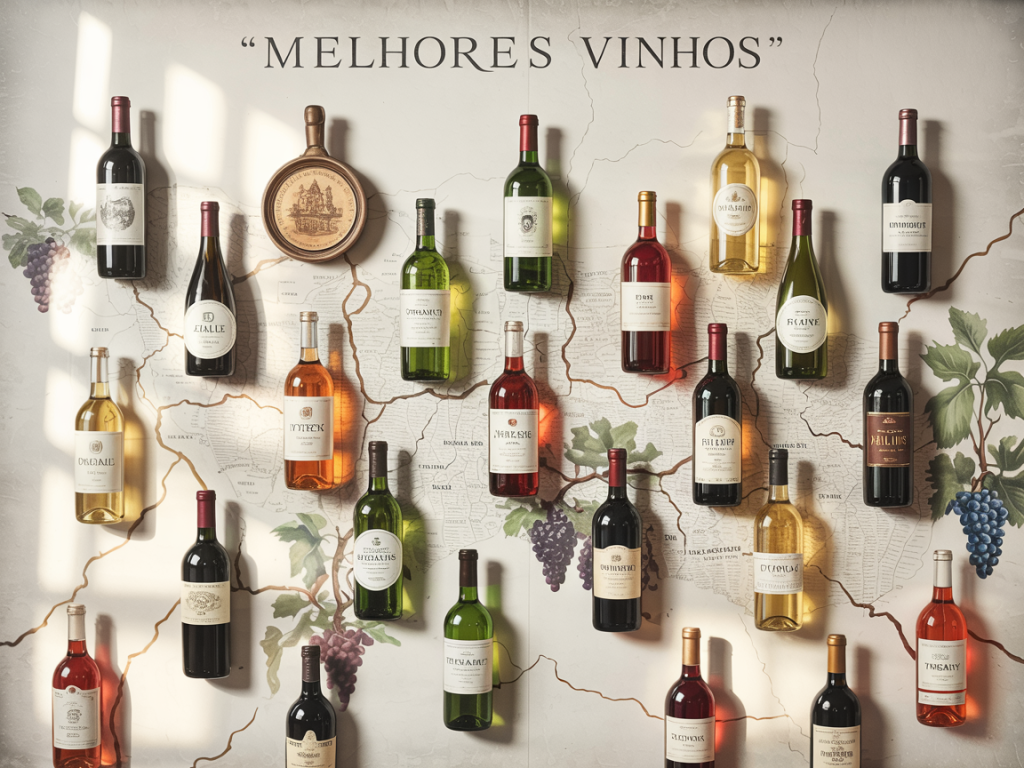 Mapa estilizado com garrafas de vinho posicionadas em regiões icônicas como Bordeaux, Toscana e Mendoza