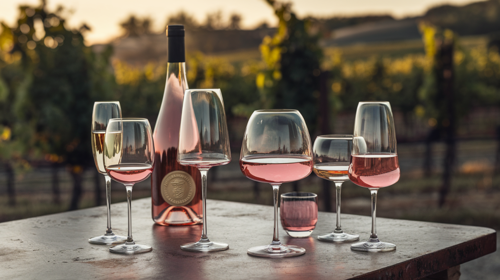 Melhores vinhos rosés em taças ao entardecer com garrafa premiada ao fundo