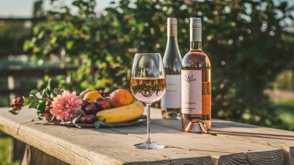 Taça de vinho rosé ao entardecer em mesa com frutas e flores, representando os melhores vinhos rosés baratos