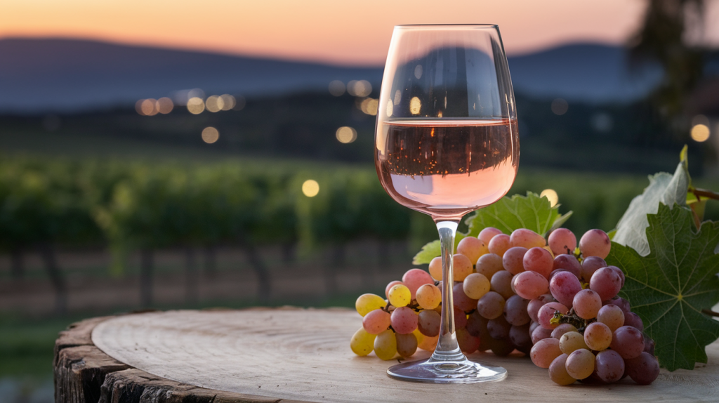 Seleção dos melhores vinhos rosés brasileiros, com taça de rosé e paisagem de vinhedos ao fundo.