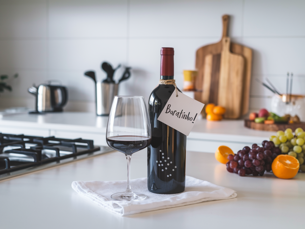 Garrafa de vinho barato com taça sobre bancada