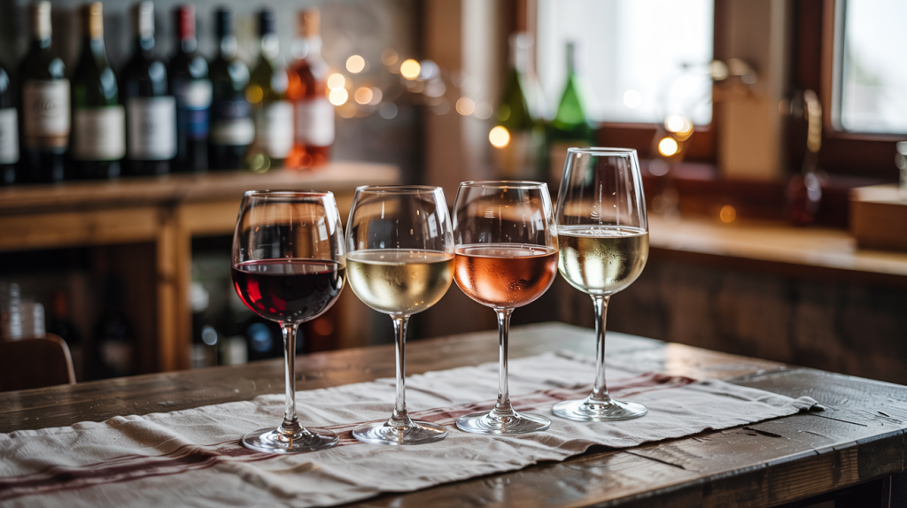 Quatro taças de vinho em uma mesa, com garrafas variadas ao fundo representado o preço do vinho
