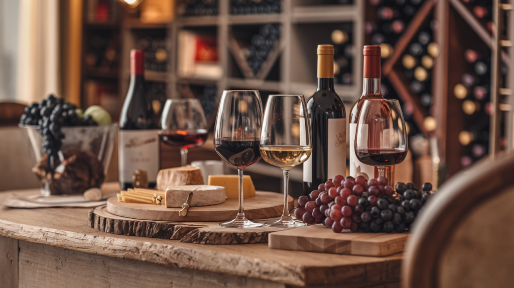 Taças de vinho tinto, branco e rosé sobre uma mesa rústica com queijos e uvas, em ambiente aconchegante