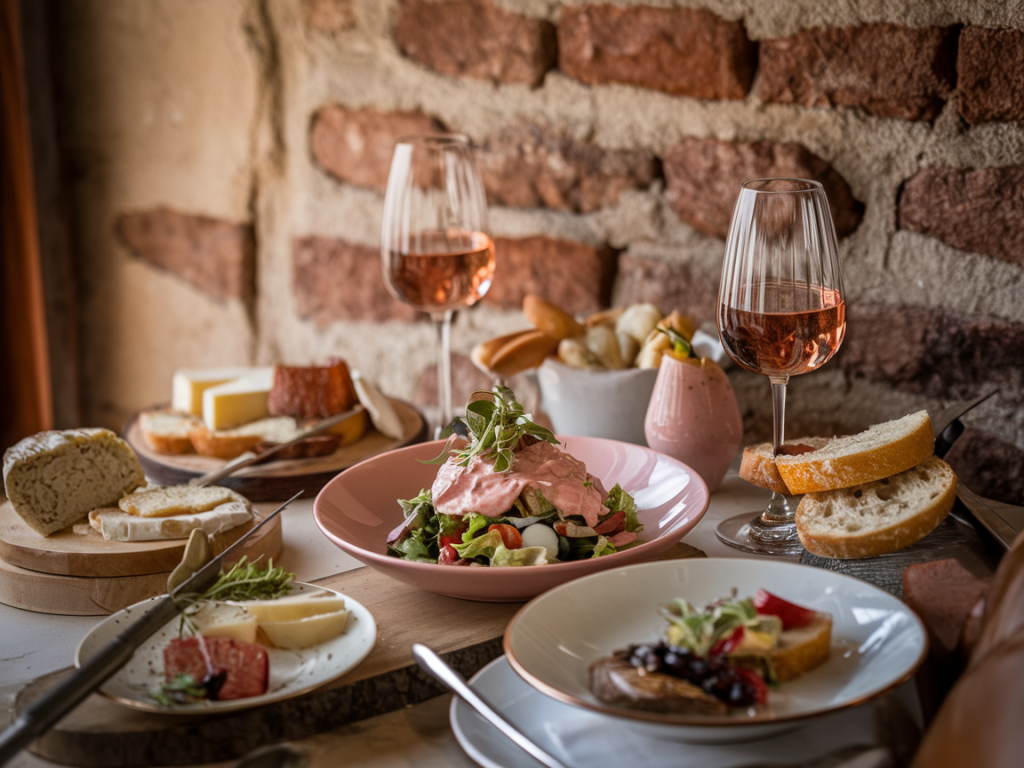 Pratos leves e taças de vinho rosé brasileiro sobre mesa posta