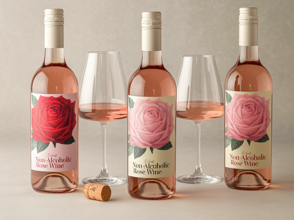 Garrafas de vinho rosé sem álcool em destaque