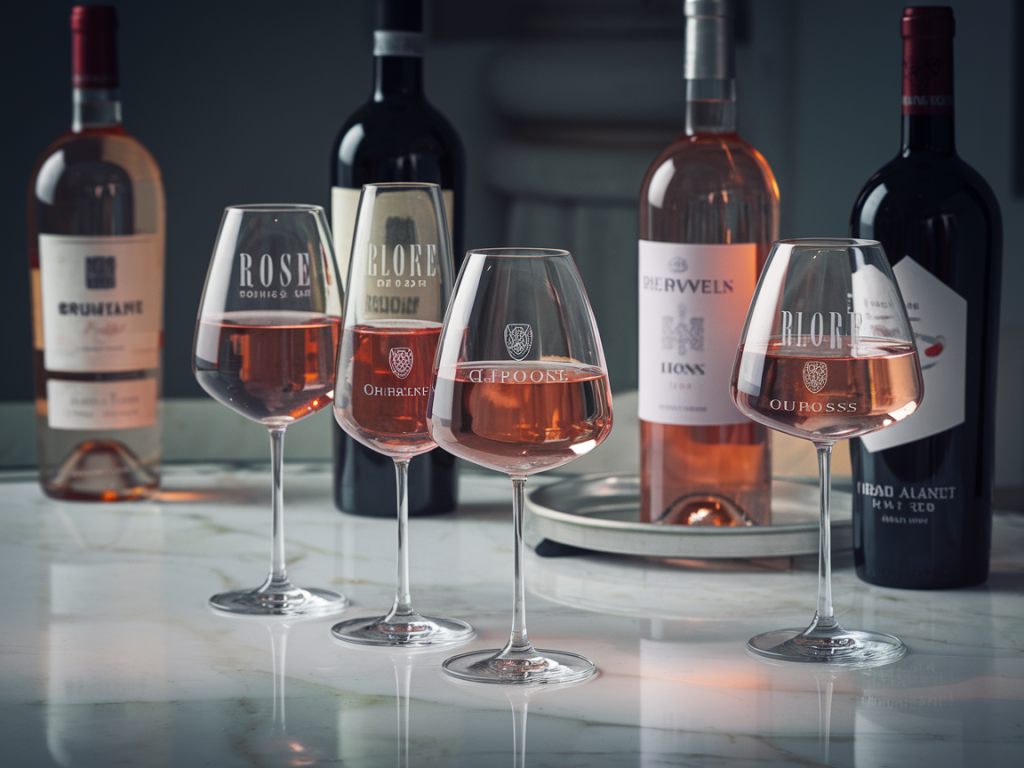 Garrafas selecionadas de vinho rosé suave sobre mesa elegante