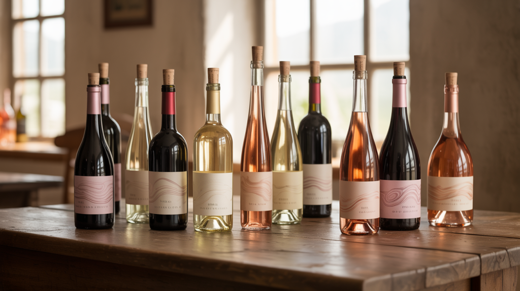 Garrafas de com os melhores vinhos secos para inciantes alinhadas sobre uma mesa de madeira
