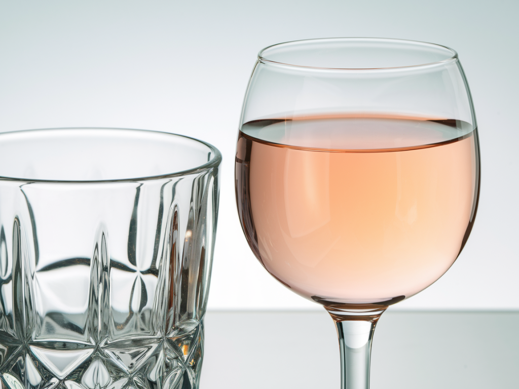 O que é vinho rosé suave em taça servida ao lado de uma garrafa