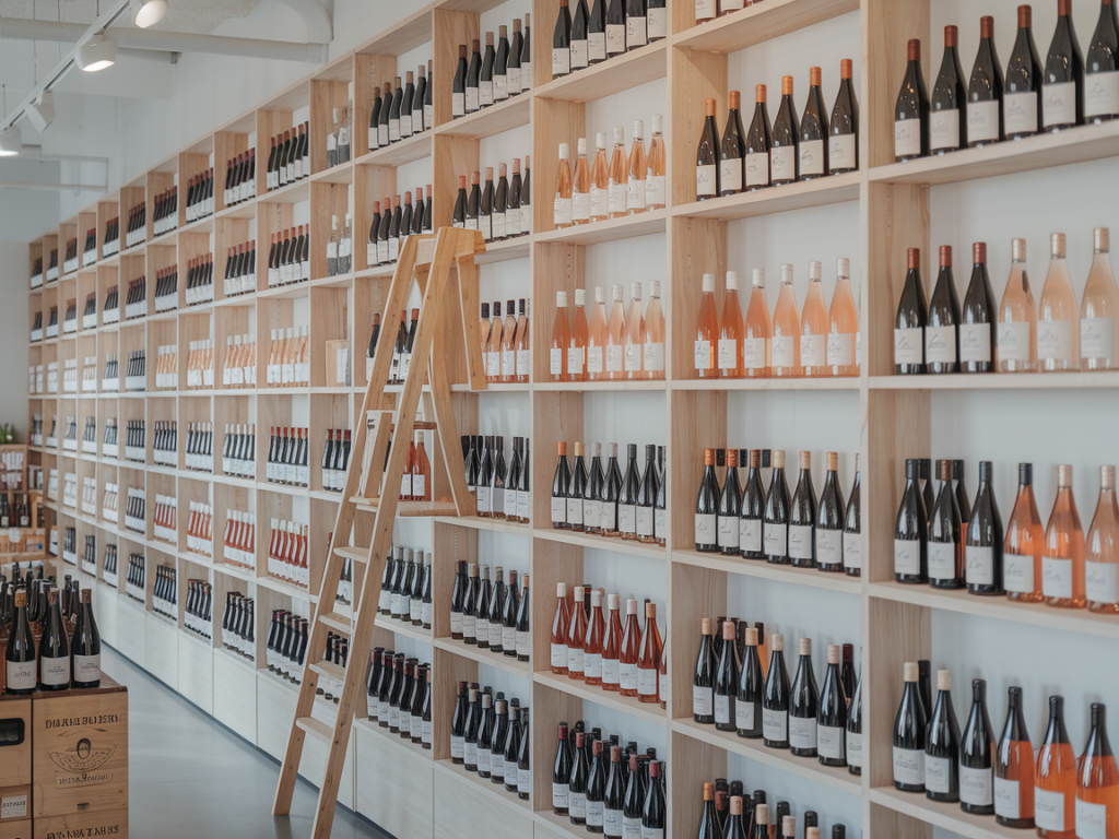 Garrafas de vinho rosé brasileiro em prateleiras de loja especializada