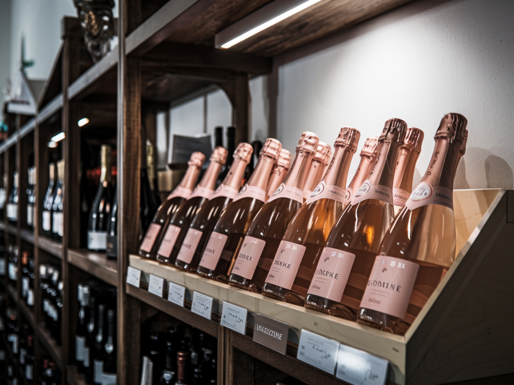 Garrafas de vinho rosé gaseificado em prateleira