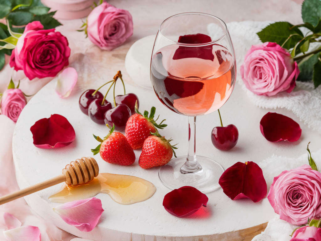 Frutas vermelhas e taça de rosé suave destacando aroma