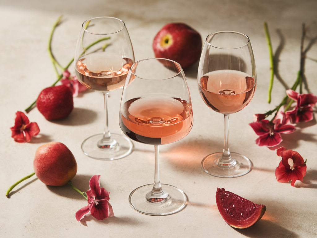 Garrafas de vinho rosé brasileiro com frutas vermelhas e flores ao redor