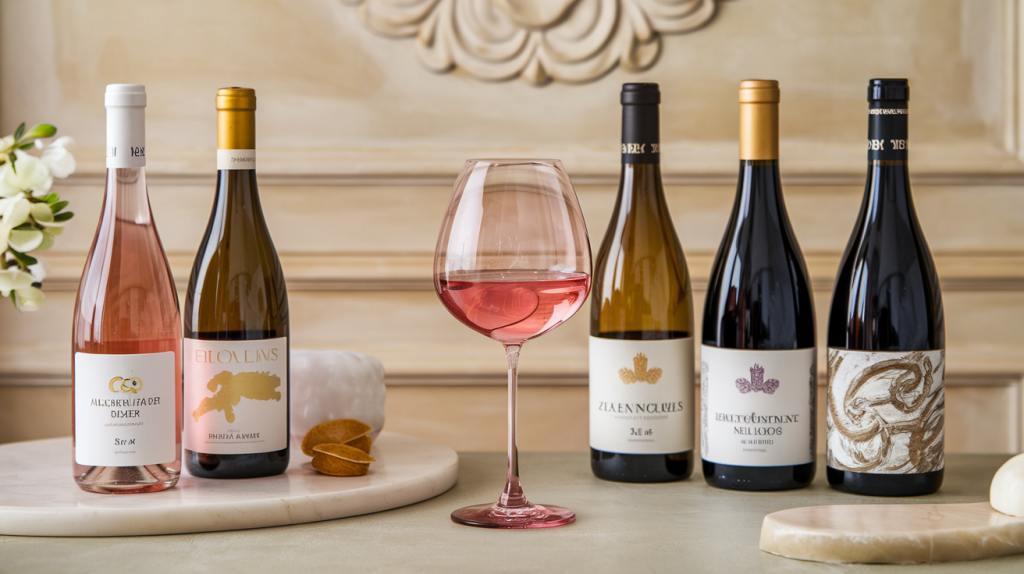 Taça de vinho rosé em mesa elegante com garrafas variadas, ilustrando preços de vinho rosé