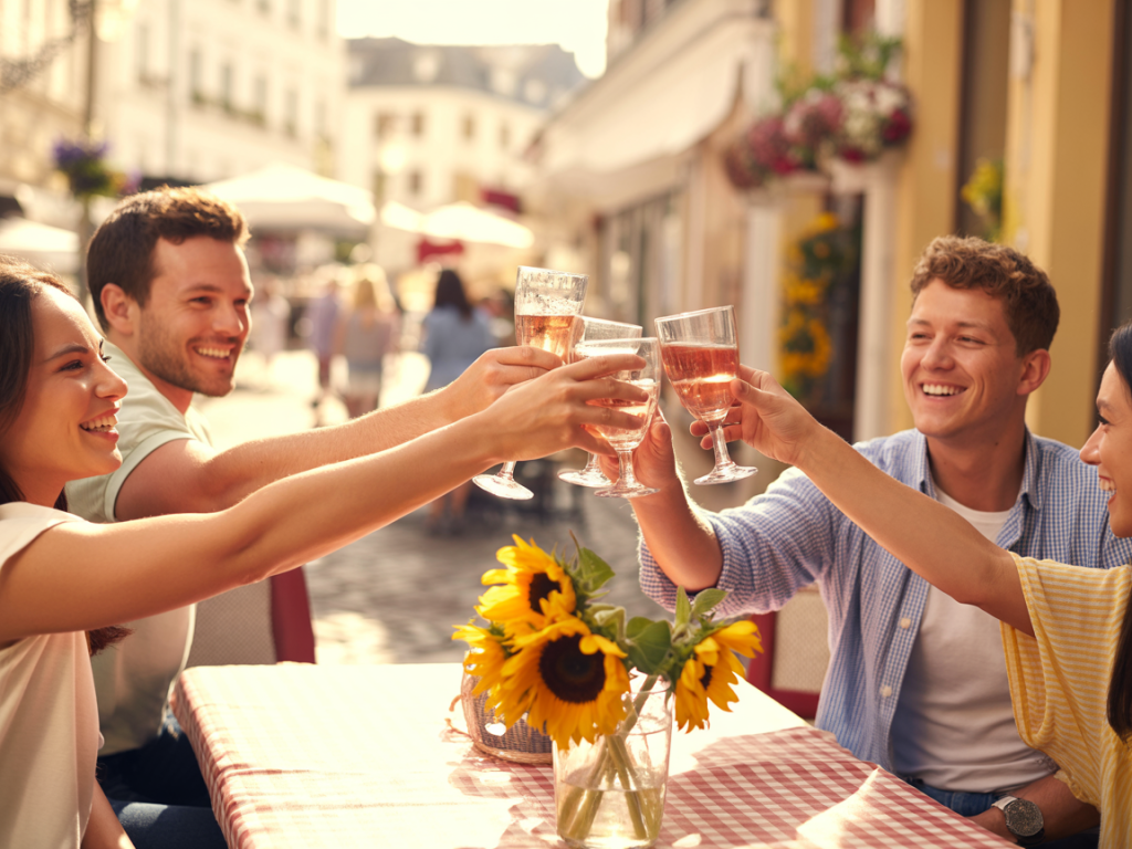 Pessoas brindando com vinho rosé sem álcool