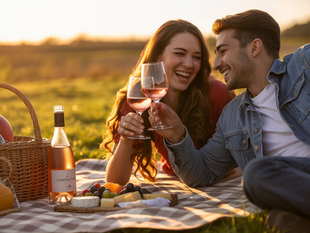 Casal brindando com vinho rosé suave ao pôr do sol