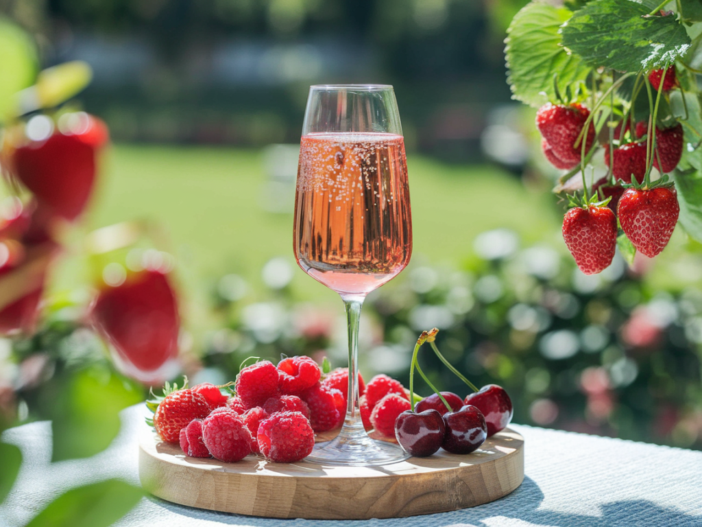 Taça de vinho rosé gaseificado com frutas ao redor