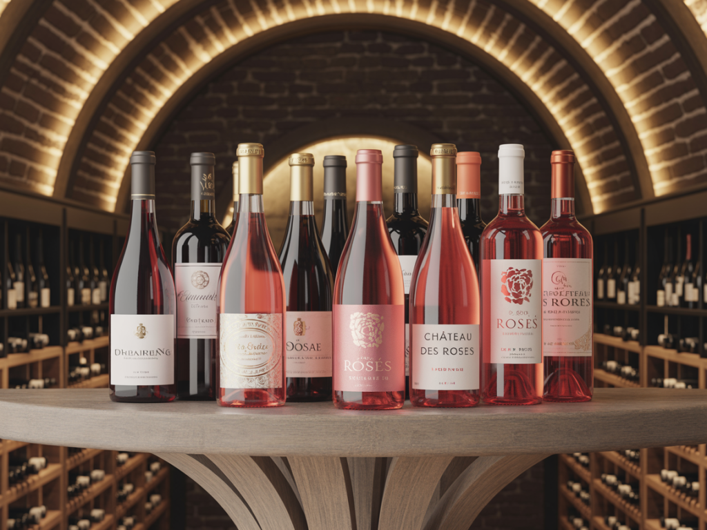 Valor do vinho rosé ilustrado por garrafas com diferentes etiquetas de preço