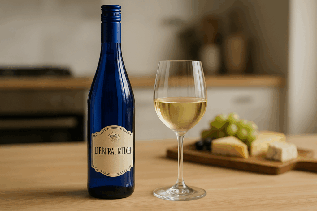 Vinho da garrafa azul Liebfraumilch com taça servida sobre mesa de madeira clara