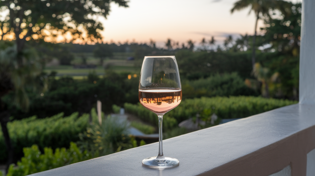Taça de vinho rosé brasileiro em varanda com vista para vinhedos tropicais