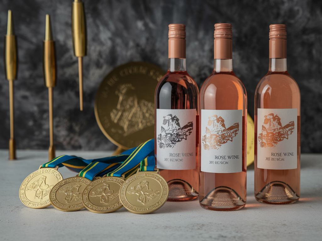 Garrafas de vinho rosé brasileiro premiado com medalhas douradas