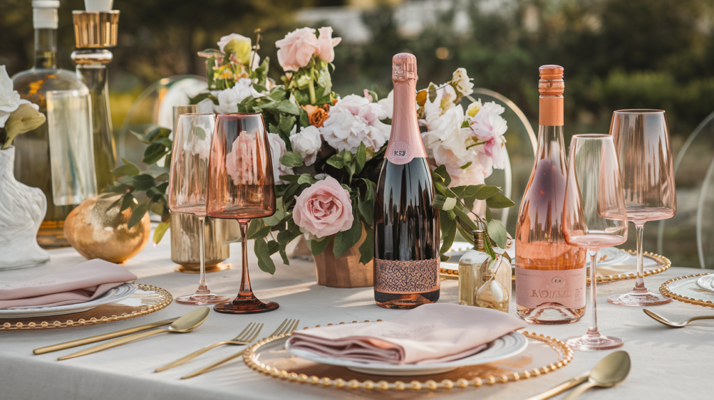 Mesa elegante com vinho rosé caro em taças e garrafas sofisticadas