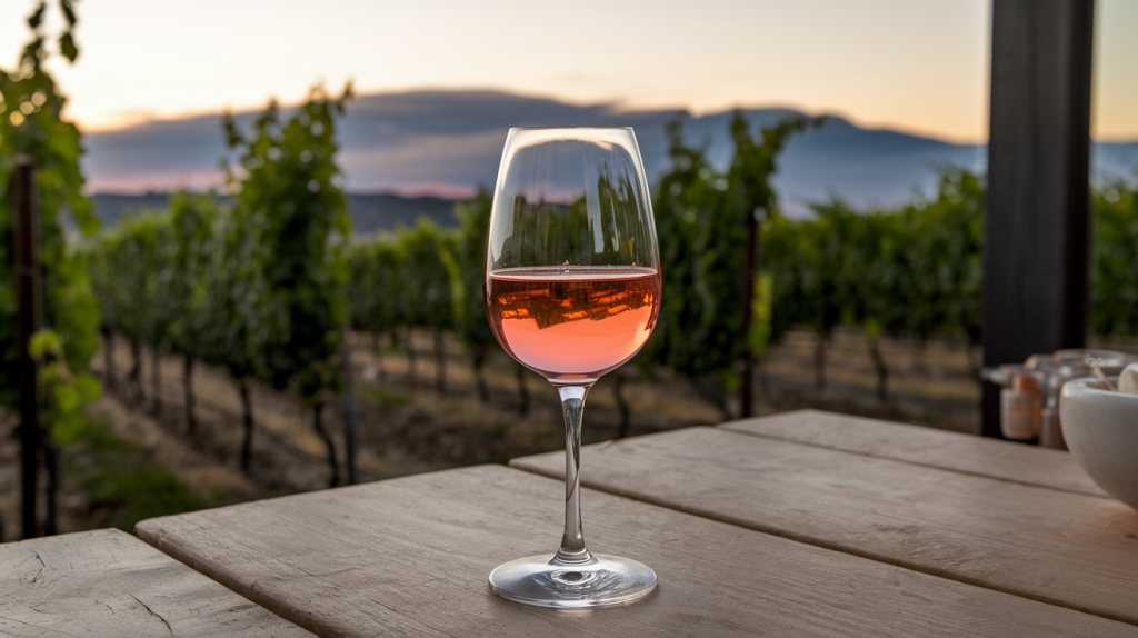 Taça de vinho rosé chileno com vinhedos ao fundo na Cordilheira dos Andes
