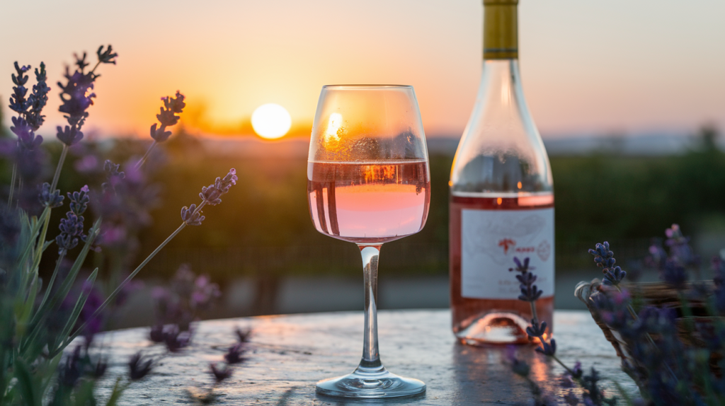 Taça de vinho rosé francês em mesa ao pôr do sol na Provence.