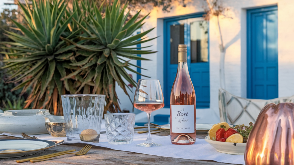 Garrafa e taças de vinho rosé italiano ao pôr do sol em mesa rústica