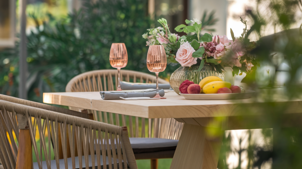 Mesa ao ar livre com taças de vinho rosé sem álcool
