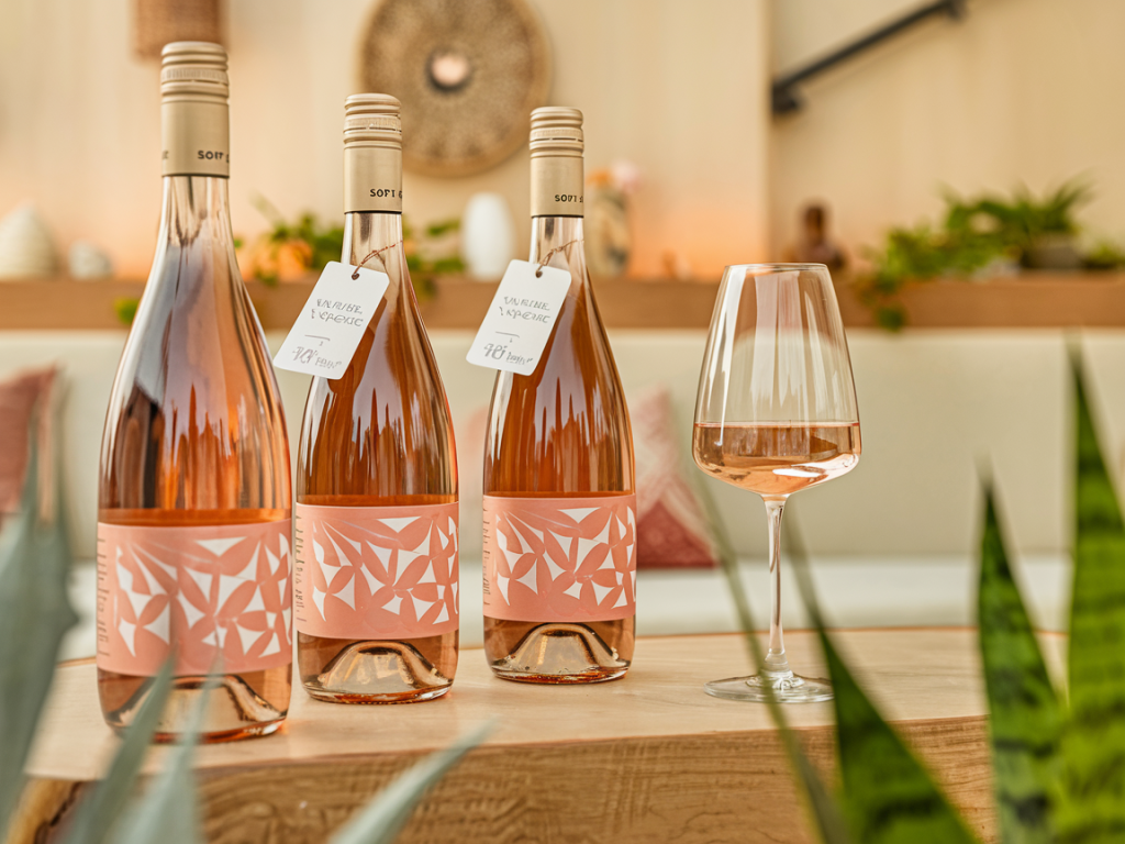 Garrafas e taça de vinho rosé suave com bom custo-benefício
