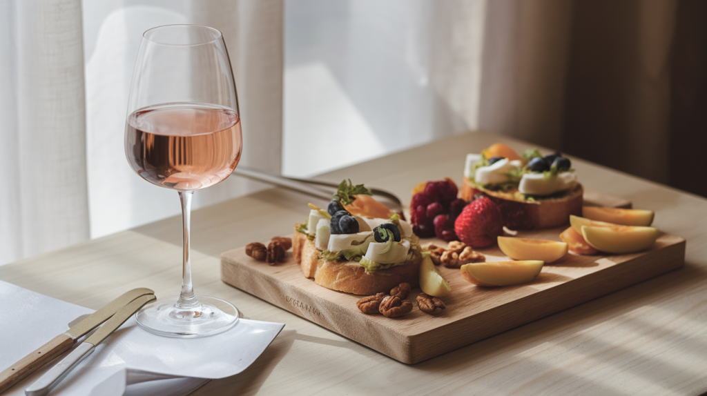 Taça de vinho rosé vegano com petiscos em uma mesa elegante