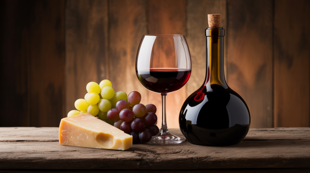Taça de vinho tinto ao lado de garrafa, uvas verdes e roxas e pedaço de queijo sobre mesa de madeira escura ilustrando o Guia De Vinhos Para Iniciantes
