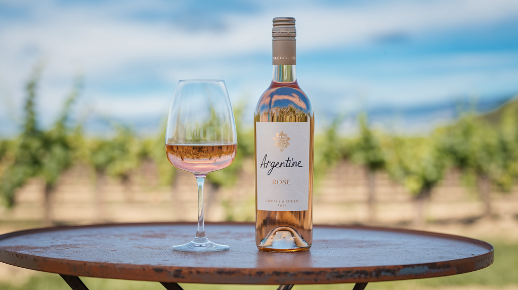 Garrafa de rosé em mesa rústica ao ar livre com vinhedos ao fundo representando os vinhos rosés argentinos