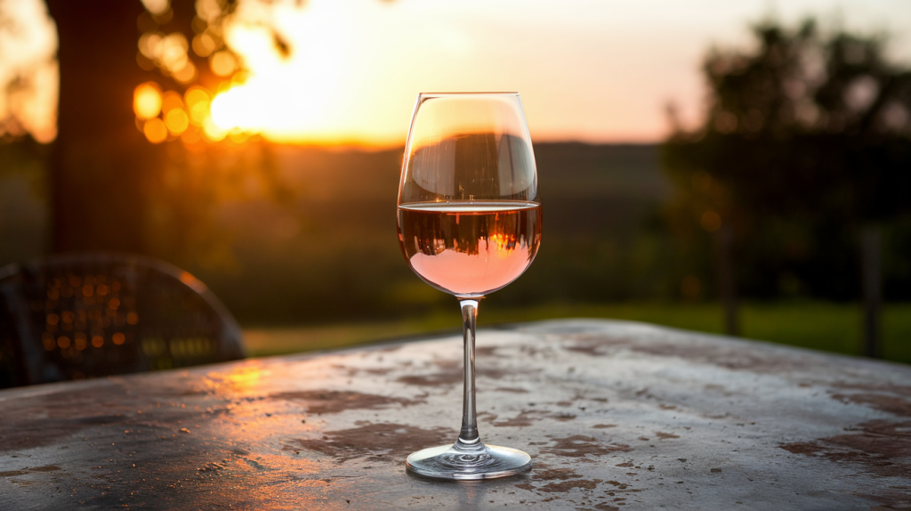 Taça de vinho rosé fino ao pôr do sol, representando a sofisticação dos vinhos rosés finos