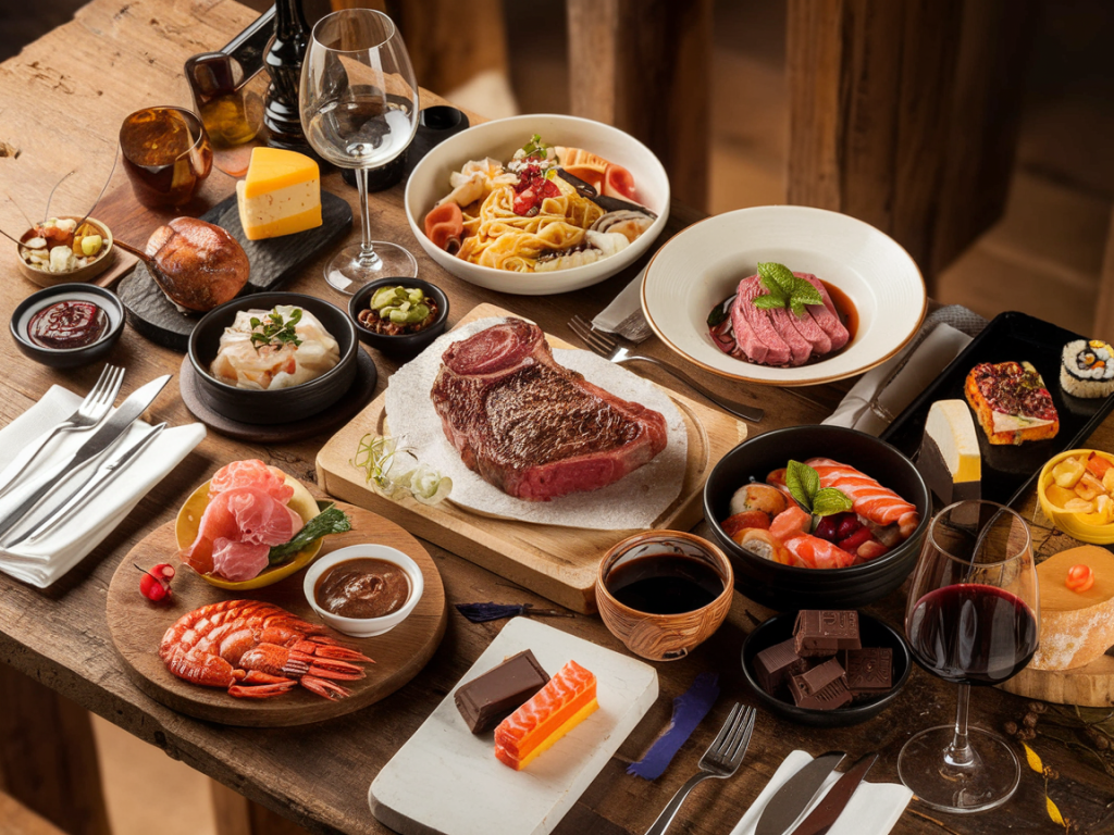 Mesa com diferentes pratos como carnes, peixes, massas, sobremesas e queijos ao lado de taças de vinho tinto, branco, rosé e espumante, ilustrando os tipos de vinho para cada comida.