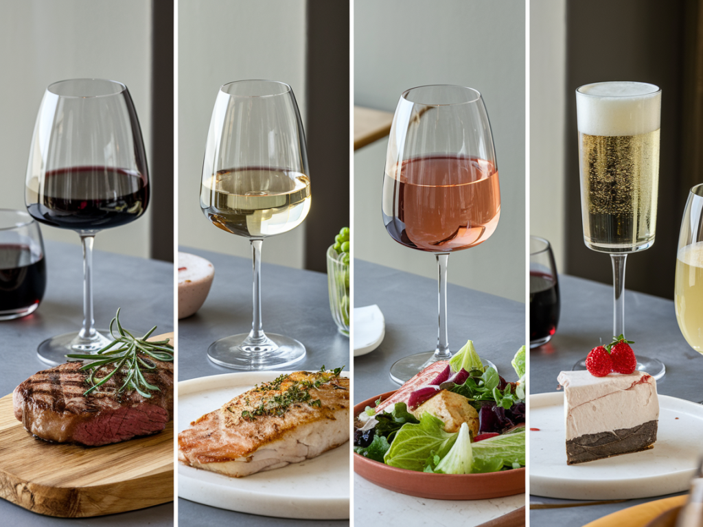 Comparação visual mostrando como combinar vinho com comida: taças de vinho tinto, branco, rosé e espumante ao lado de pratos como carne, peixe, salada e sobremesa.