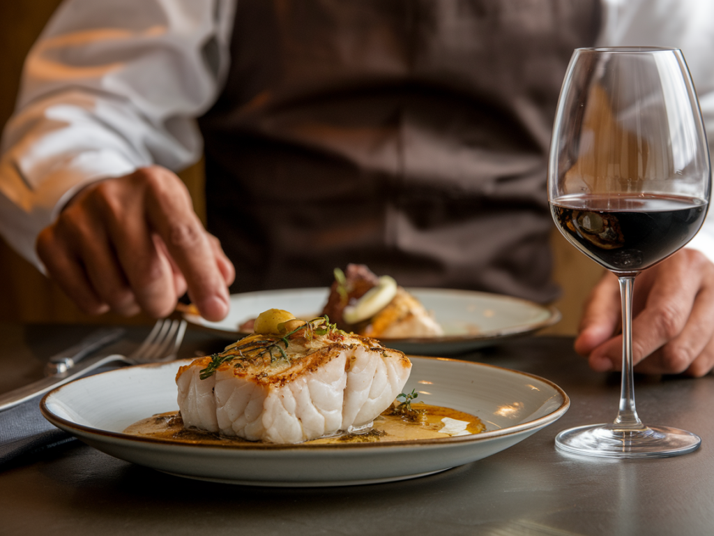 Sommelier apontando para uma taça de vinho ao lado de um prato de bacalhau bem apresentado