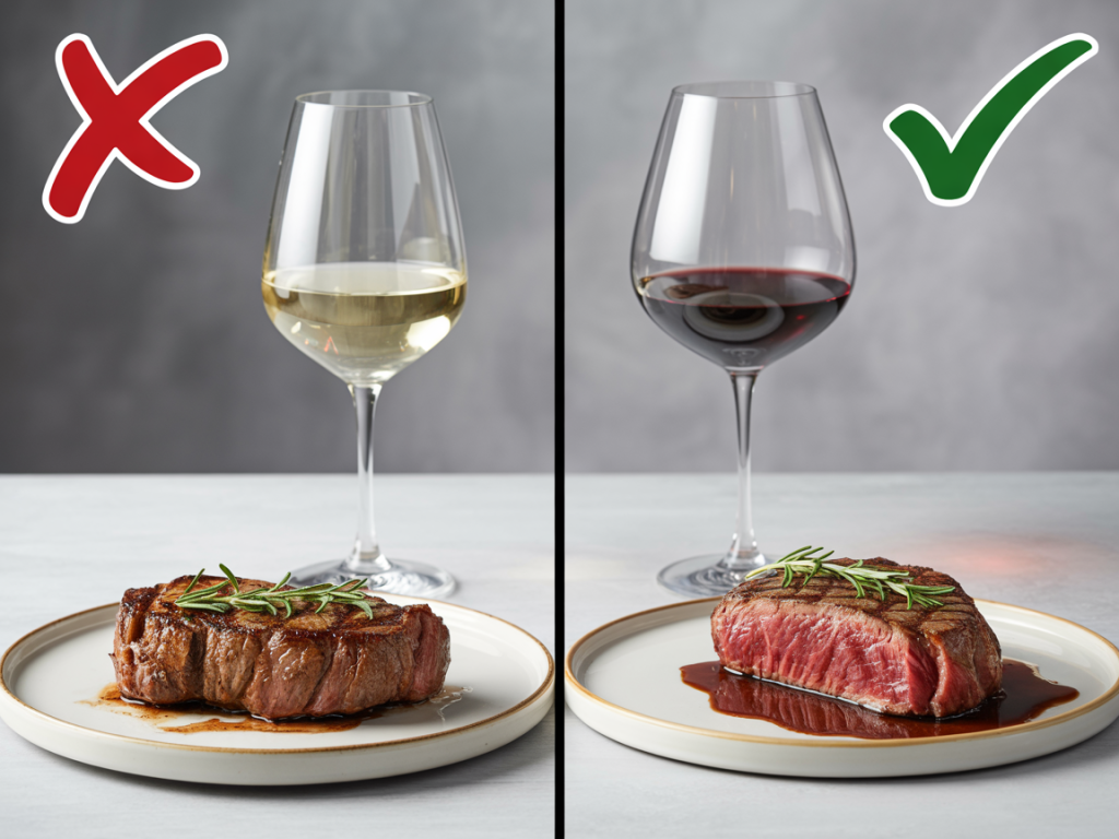 Comparação visual de erros comuns ao harmonizar vinho com pratos típicos, como usar vinho branco com carne vermelha ou vinho tinto com peixe.