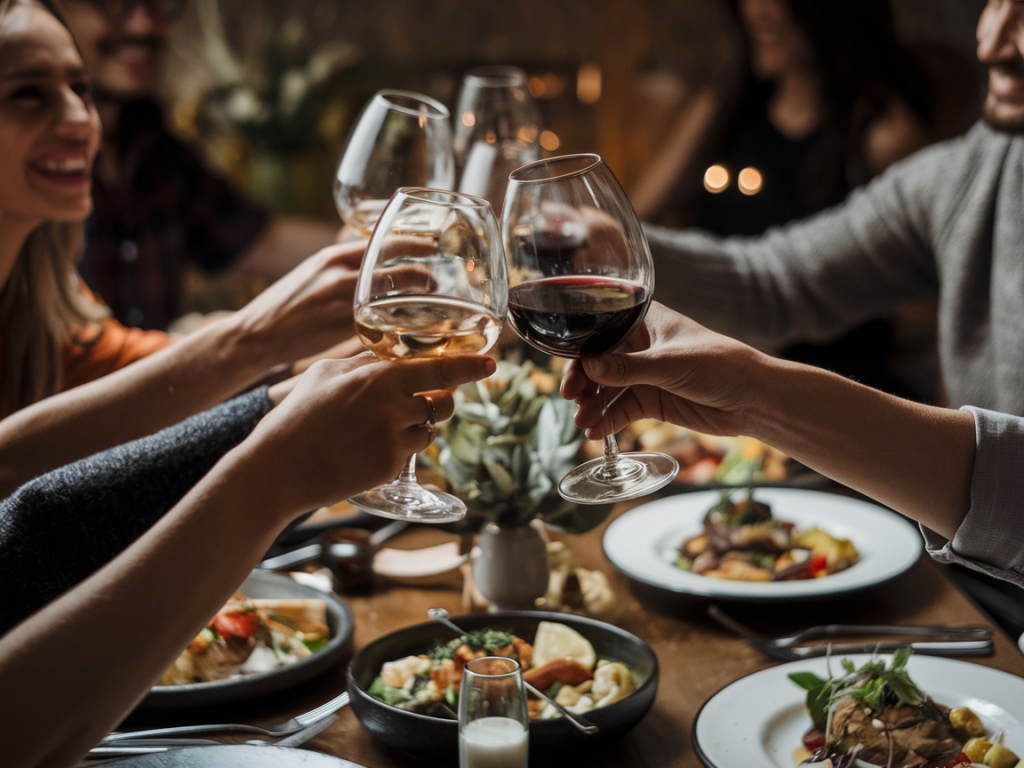 Cena de jantar com diferentes pratos e vinhos sendo servidos, ilustrando qual vinho tomar com refeições completas em eventos especiais