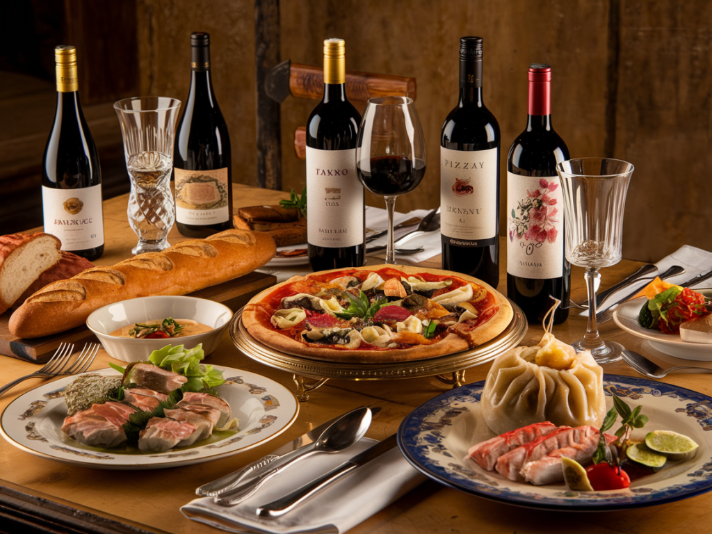 Cena editorial de vinho e alimentos típicos, representando a harmonização entre culinárias e vinhos regionais