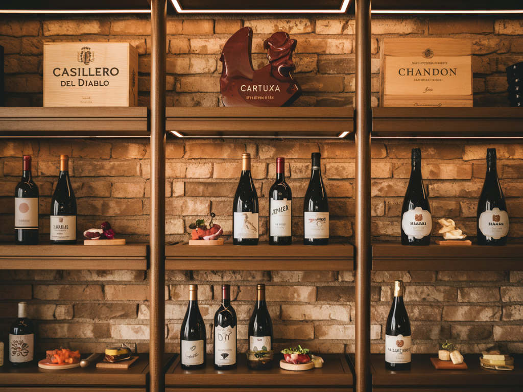Rótulos famosos de vinho ao lado de sugestões de comida, ilustrando com o que acompanhar vinho de marcas populares.