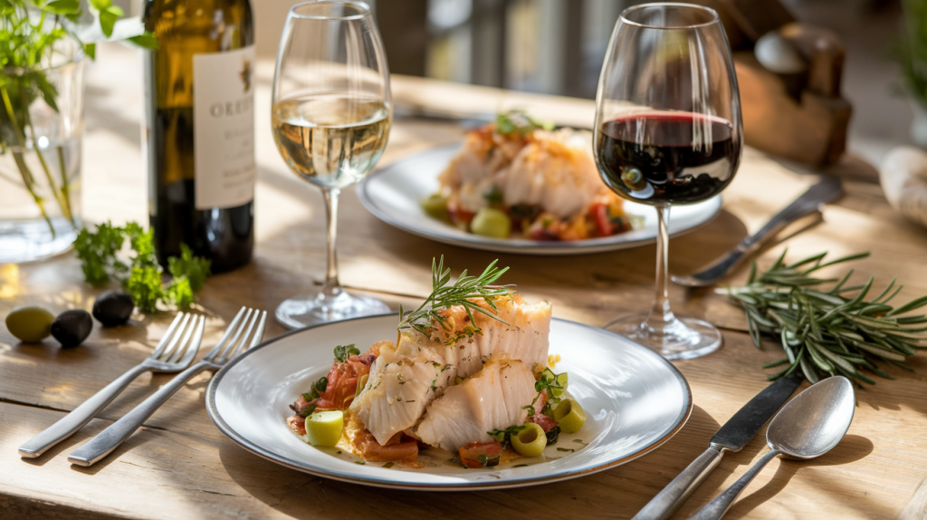 Prato de bacalhau tradicional com taça de vinho branco e taça de vinho tinto sobre mesa rústica