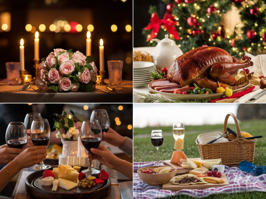 Cena com jantar romântico, ceia de Natal, almoço entre amigos e degustação com vinhos — ideal para ilustrar como harmonizar vinho em ocasiões especiais.