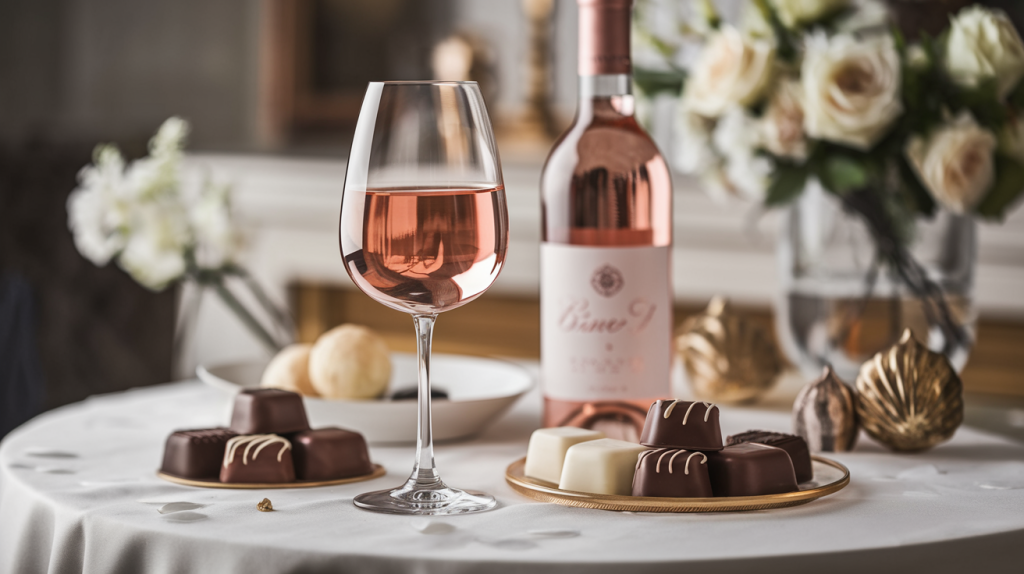 Taça de vinho rosé combina com chocolate ao leite e amargo em ambiente aconchegante