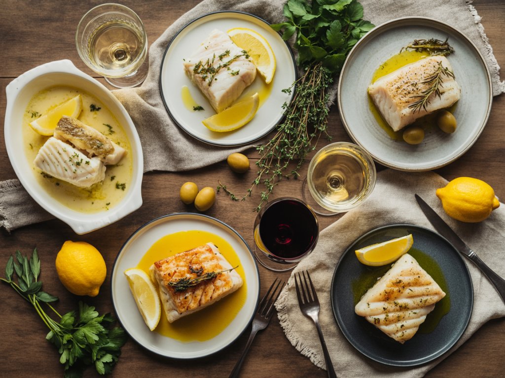 Flat lay com pratos de bacalhau variados e taças de vinhos harmonizando com cada receita